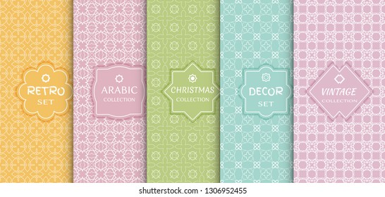 Set of seamless line patterns, colored background. Stylish decorative vintage, retro, arabic, christmas label decor set. Abstract geometric frame, vector illustration. Art Deco style, light colors