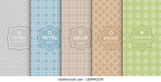 Set of seamless line patterns, colored background. Stylish decorative vintage, retro, arabic, christmas label decor set. Abstract geometric frame, vector illustration. Art Deco style, light colors