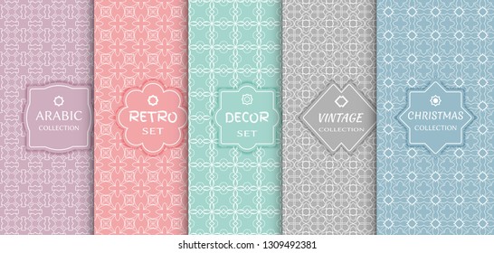Set of seamless line patterns, colored background. Stylish decorative vintage, retro, arabic, christmas label decor set. Abstract geometric frame, vector illustration. Art Deco style, light colors