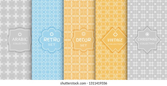 Set of seamless line patterns, colored background. Stylish decorative vintage, retro, arabic, christmas label decor set. Abstract geometric frame, vector illustration. Art Deco style, light colors