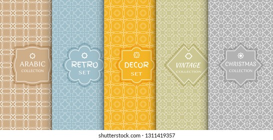 Set of seamless line patterns, colored background. Stylish decorative vintage, retro, arabic, christmas label decor set. Abstract geometric frame, vector illustration. Art Deco style, light colors