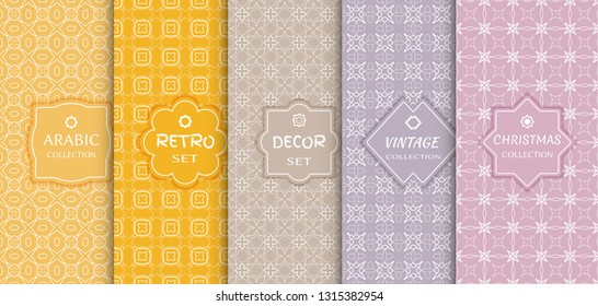 Set of seamless line patterns, colored background. Stylish decorative vintage, retro, arabic, christmas label decor set. Abstract geometric frame, vector illustration. Art Deco style, light colors