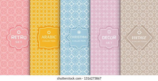 Set of seamless line patterns, colored background. Stylish decorative vintage, retro, arabic, christmas label decor set. Abstract geometric frame, vector illustration. Art Deco style, light colors
