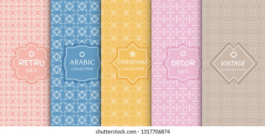 Set of seamless line patterns, colored background. Stylish decorative vintage, retro, arabic, christmas label decor set. Abstract geometric frame, vector illustration. Art Deco style, light colors