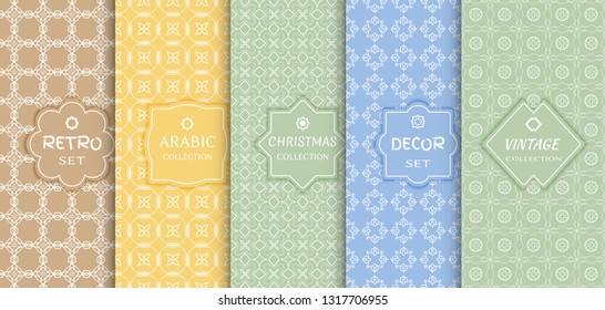 Set of seamless line patterns, colored background. Stylish decorative vintage, retro, arabic, christmas label decor set. Abstract geometric frame, vector illustration. Art Deco style, light colors