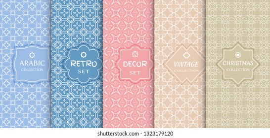 Set of seamless line patterns, colored background. Stylish decorative vintage, retro, arabic, christmas label decor set. Abstract geometric frame, vector illustration. Art Deco style, light colors
