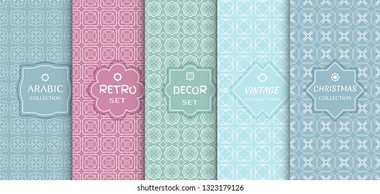 Set of seamless line patterns, colored background. Stylish decorative vintage, retro, arabic, christmas label decor set. Abstract geometric frame, vector illustration. Art Deco style, light colors