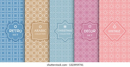 Set of seamless line patterns, colored background. Stylish decorative vintage, retro, arabic, christmas label decor set. Abstract geometric frame, vector illustration. Art Deco style, light colors