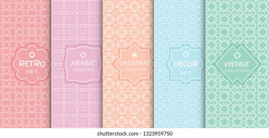 Set of seamless line patterns, colored background. Stylish decorative vintage, retro, arabic, christmas label decor set. Abstract geometric frame, vector illustration. Art Deco style, light colors