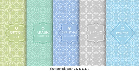 Set of seamless line patterns, colored background. Stylish decorative vintage, retro, arabic, christmas label decor set. Abstract geometric frame, vector illustration. Art Deco style, light colors
