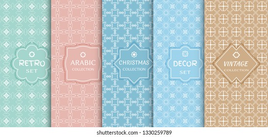 Set of seamless line patterns, colored background. Stylish decorative vintage, retro, arabic, christmas label decor set. Abstract geometric frame, vector illustration. Art Deco style, light colors