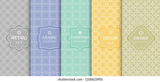 Set of seamless line patterns, colored background. Stylish decorative vintage, retro, arabic, christmas label decor set. Abstract geometric frame, vector illustration. Art Deco style, light colors