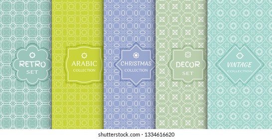Set of seamless line patterns, colored background. Stylish decorative vintage, retro, arabic, christmas label decor set. Abstract geometric frame, vector illustration. Art Deco style, light colors