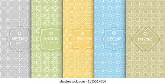 Set of seamless line patterns, colored background. Stylish decorative vintage, retro, arabic, christmas label decor set. Abstract geometric frame, vector illustration. Art Deco style, light colors