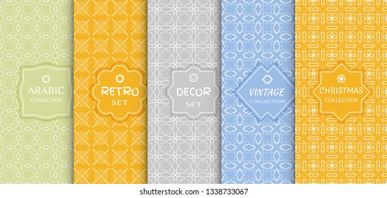 Set of seamless line patterns, colored background. Stylish decorative vintage, retro, arabic, christmas label decor set. Abstract geometric frame, vector illustration. Art Deco style, light colors