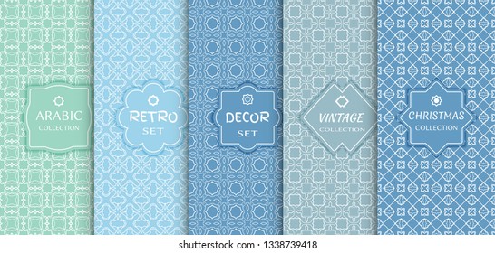 Set of seamless line patterns, colored background. Stylish decorative vintage, retro, arabic, christmas label decor set. Abstract geometric frame, vector illustration. Art Deco style, light colors