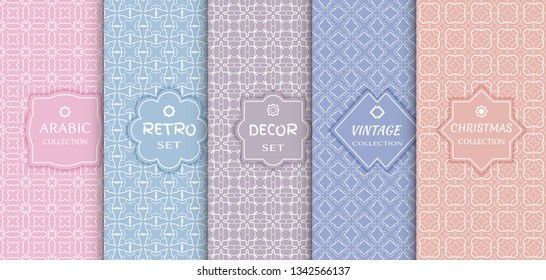 Set of seamless line patterns, colored background. Stylish decorative vintage, retro, arabic, christmas label decor set. Abstract geometric frame, vector illustration. Art Deco style, light colors