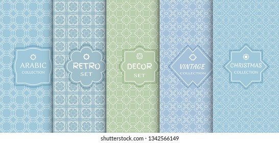 Set of seamless line patterns, colored background. Stylish decorative vintage, retro, arabic, christmas label decor set. Abstract geometric frame, vector illustration. Art Deco style, light colors