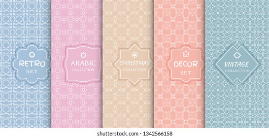 Set of seamless line patterns, colored background. Stylish decorative vintage, retro, arabic, christmas label decor set. Abstract geometric frame, vector illustration. Art Deco style, light colors