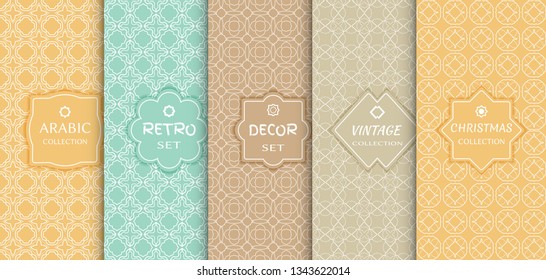 Set of seamless line patterns, colored background. Stylish decorative vintage, retro, arabic, christmas label decor set. Abstract geometric frame, vector illustration. Art Deco style, light colors