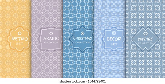 Set of seamless line patterns, colored background. Stylish decorative vintage, retro, arabic, christmas label decor set. Abstract geometric frame, vector illustration. Art Deco style, light colors