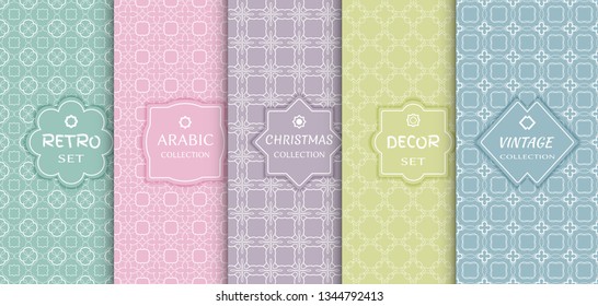 Set of seamless line patterns, colored background. Stylish decorative vintage, retro, arabic, christmas label decor set. Abstract geometric frame, vector illustration. Art Deco style, light colors