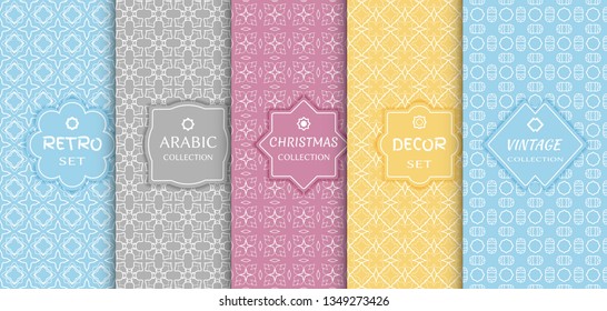 Set of seamless line patterns, colored background. Stylish decorative vintage, retro, arabic, christmas label decor set. Abstract geometric frame, vector illustration. Art Deco style, light colors