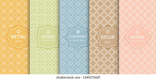 Set of seamless line patterns, colored background. Stylish decorative vintage, retro, arabic, christmas label decor set. Abstract geometric frame, vector illustration. Art Deco style, light colors