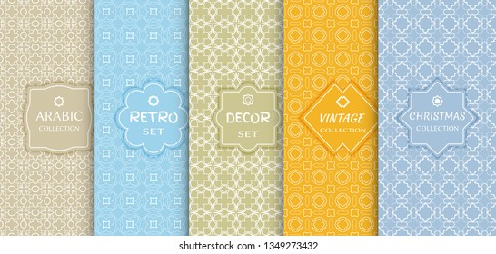 Set of seamless line patterns, colored background. Stylish decorative vintage, retro, arabic, christmas label decor set. Abstract geometric frame, vector illustration. Art Deco style, light colors