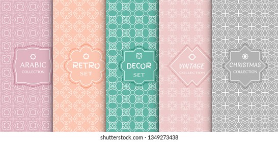Set of seamless line patterns, colored background. Stylish decorative vintage, retro, arabic, christmas label decor set. Abstract geometric frame, vector illustration. Art Deco style, light colors