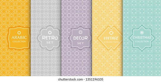 Set of seamless line patterns, colored background. Stylish decorative vintage, retro, arabic, christmas label decor set. Abstract geometric frame, vector illustration. Art Deco style, light colors