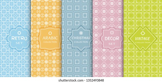 Set of seamless line patterns, colored background. Stylish decorative vintage, retro, arabic, christmas label decor set. Abstract geometric frame, vector illustration. Art Deco style, light colors