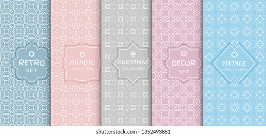 Set of seamless line patterns, colored background. Stylish decorative vintage, retro, arabic, christmas label decor set. Abstract geometric frame, vector illustration. Art Deco style, light colors
