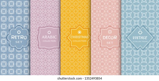 Set of seamless line patterns, colored background. Stylish decorative vintage, retro, arabic, christmas label decor set. Abstract geometric frame, vector illustration. Art Deco style, light colors