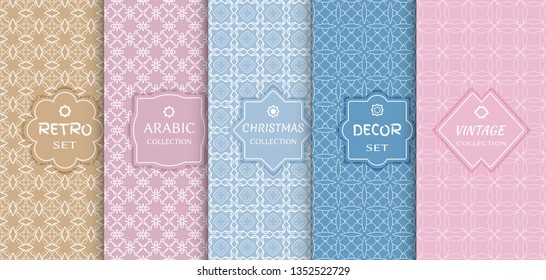 Set of seamless line patterns, colored background. Stylish decorative vintage, retro, arabic, christmas label decor set. Abstract geometric frame, vector illustration. Art Deco style, light colors