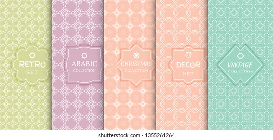 Set of seamless line patterns, colored background. Stylish decorative vintage, retro, arabic, christmas label decor set. Abstract geometric frame, vector illustration. Art Deco style, light colors