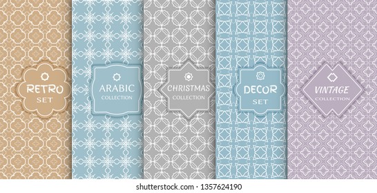 Set of seamless line patterns, colored background. Stylish decorative vintage, retro, arabic, christmas label decor set. Abstract geometric frame, vector illustration. Art Deco style, light colors