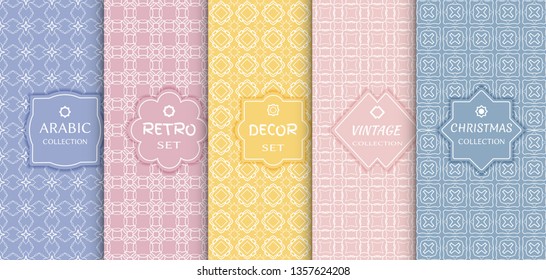 Set of seamless line patterns, colored background. Stylish decorative vintage, retro, arabic, christmas label decor set. Abstract geometric frame, vector illustration. Art Deco style, light colors