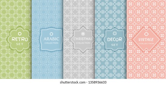 Set of seamless line patterns, colored geometric backgrounds. Stylish decorative vintage, retro, arabic, christmas label decor set. Abstract frame, vector illustration. Art Deco style, light colors