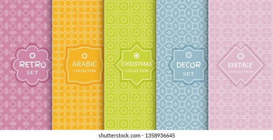 Set of seamless line patterns, colored geometric backgrounds. Stylish decorative vintage, retro, arabic, christmas label decor set. Abstract frame, vector illustration. Art Deco style, light colors