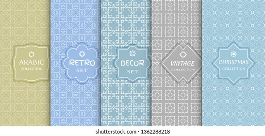 Set of seamless line patterns, colored background. Stylish decorative vintage, retro, arabic, christmas label decor set. Abstract geometric frame, vector illustration. Art Deco style, light colors