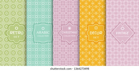 Set of seamless line patterns, colored background. Stylish decorative vintage, retro, arabic, christmas label decor set. Abstract geometric frame, vector illustration. Art Deco style, light colors