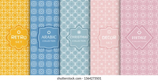 Set of seamless line patterns, colored background. Stylish decorative vintage, retro, arabic, christmas label decor set. Abstract geometric frame, vector illustration. Art Deco style, light colors