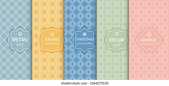 Set of seamless line patterns, colored background. Stylish decorative vintage, retro, arabic, christmas label decor set. Abstract geometric frame, vector illustration. Art Deco style, light colors