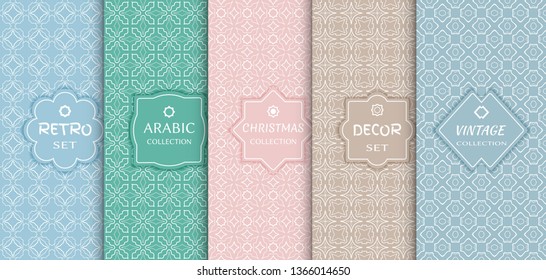 Set of seamless line patterns, colored background. Stylish decorative vintage, retro, arabic, christmas label decor set. Abstract geometric frame, vector illustration. Art Deco style, light colors