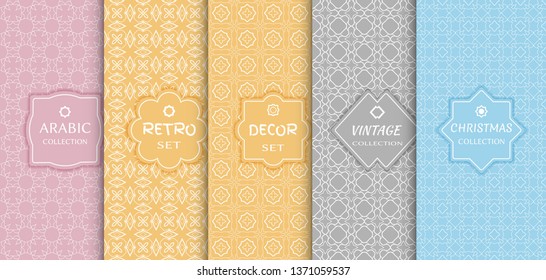 Set of seamless line patterns, colored background. Stylish decorative vintage, retro, arabic, christmas label decor set. Abstract geometric frame, vector illustration. Art Deco style, light colors