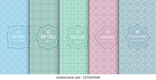 Set of seamless line patterns, colored background. Stylish decorative vintage, retro, arabic, christmas label decor set. Abstract geometric frame, vector illustration. Art Deco style, light colors