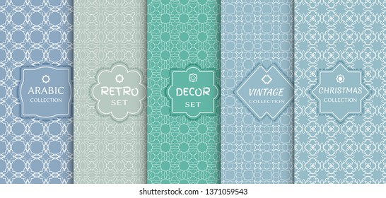 Set of seamless line patterns, colored background. Stylish decorative vintage, retro, arabic, christmas label decor set. Abstract geometric frame, vector illustration. Art Deco style, light colors