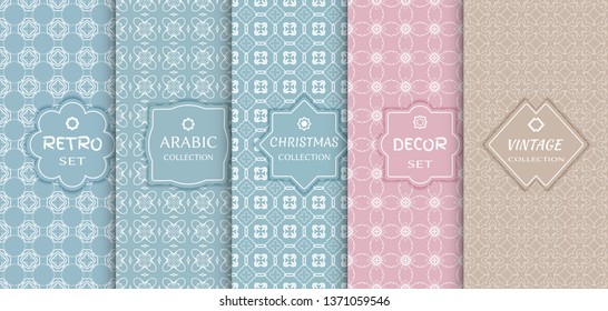 Set of seamless line patterns, colored background. Stylish decorative vintage, retro, arabic, christmas label decor set. Abstract geometric frame, vector illustration. Art Deco style, light colors