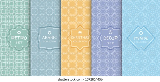 Set of seamless line patterns, colored background. Stylish decorative vintage, retro, arabic, christmas label decor set. Abstract geometric frame, vector illustration. Art Deco style, light colors